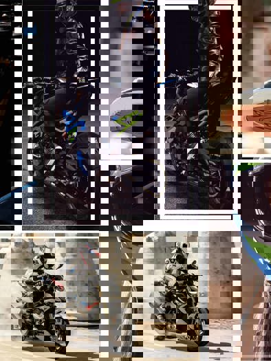 En collage af en kvinde der kører på en motorcykel.