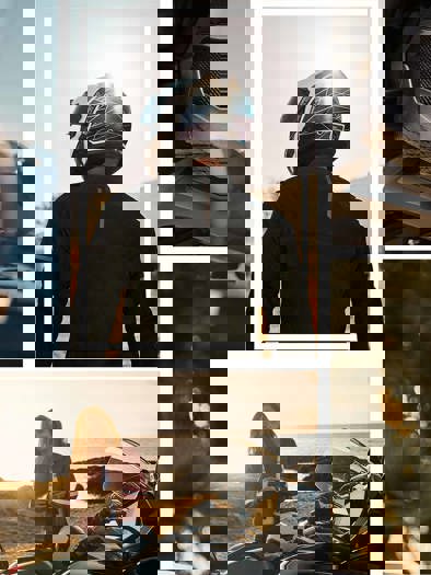 En collage af personer iført motorcykeltøj og hjelme i solrige omgivelser. 