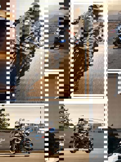 En collage af motorcyklister, der kører om kap på en bane, med træer og en solnedgangshimmel i baggrunden.