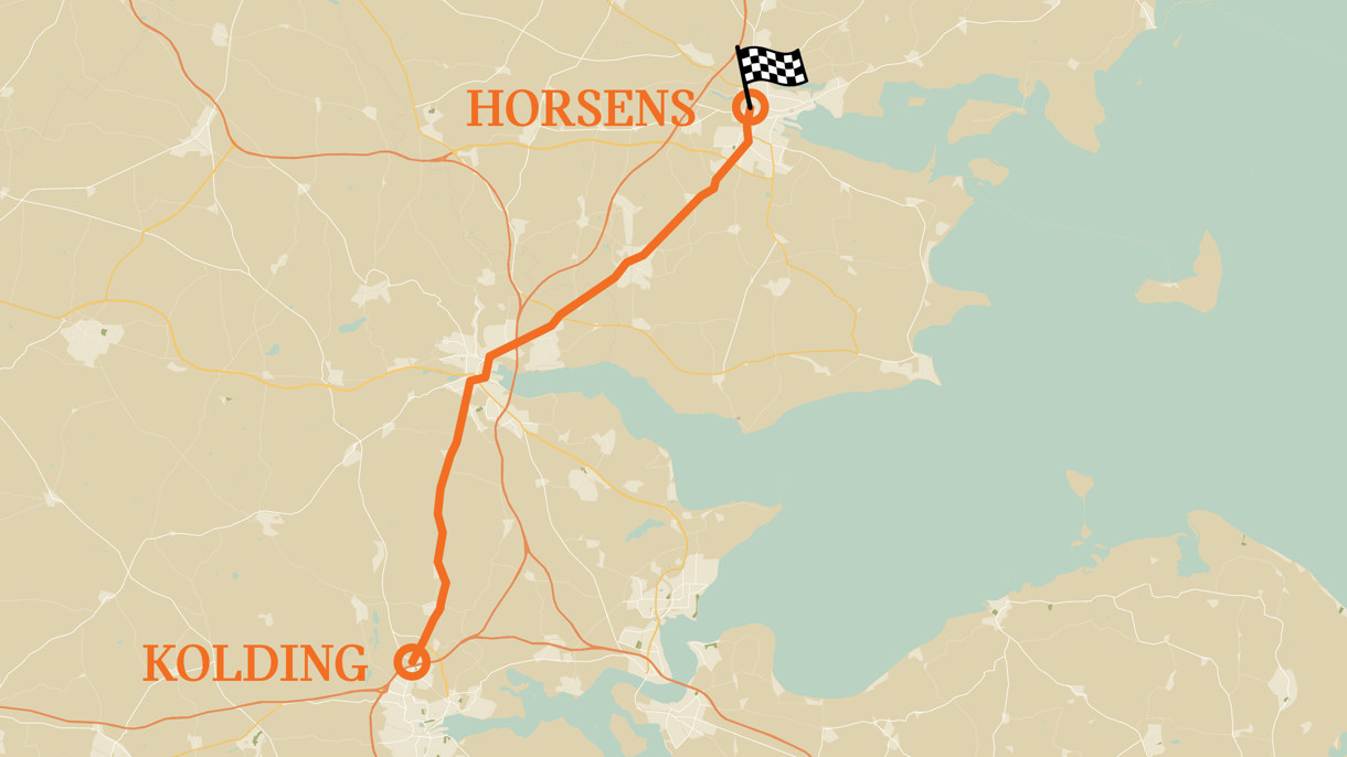 Kortet viser en markeret rute fra Kolding til Horsens, der slutter med et målflag ved Horsens.